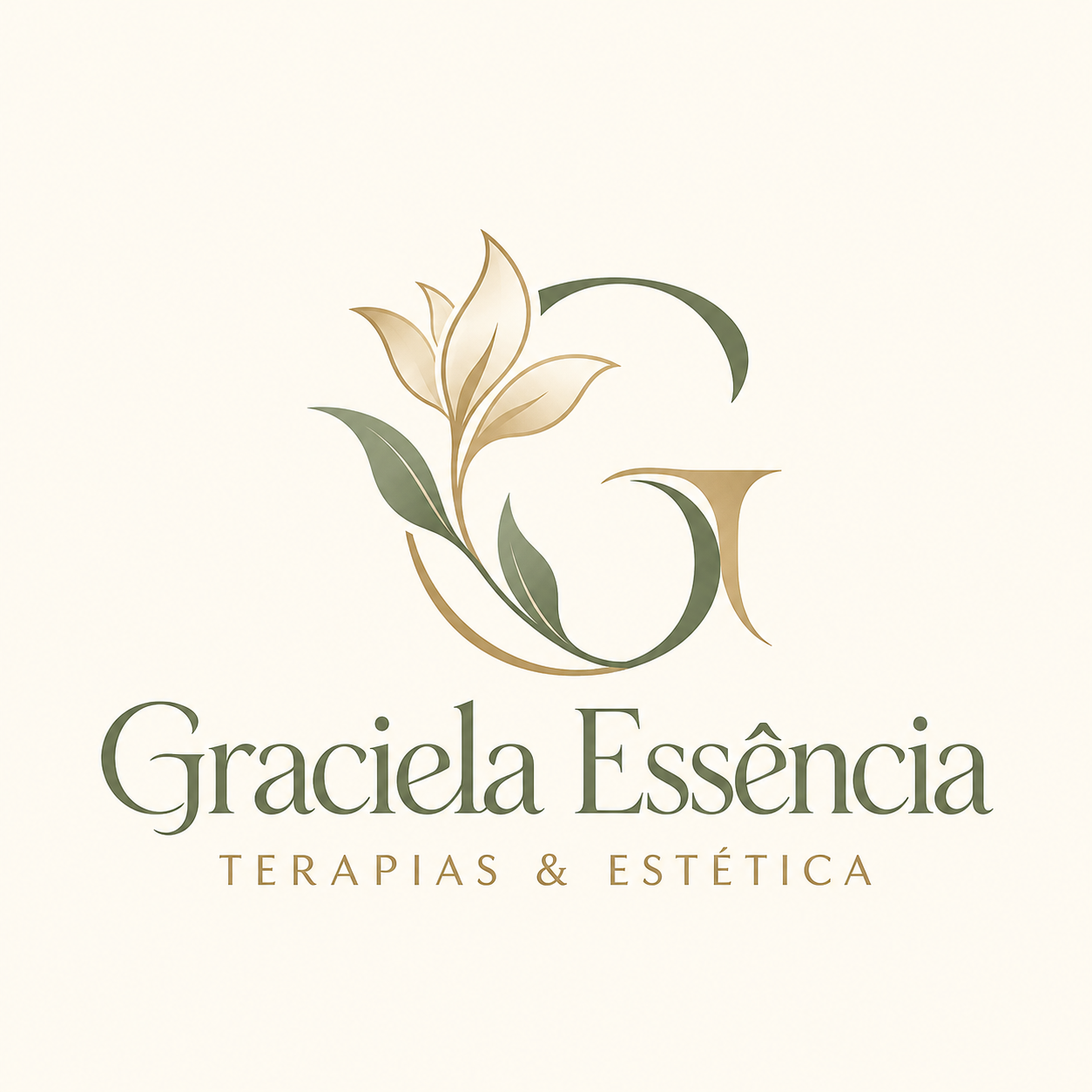 Graciela Essência — logo original com monograma floral verde e dourado